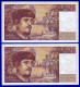 DEUX BILLETS PAIRE 20 FRANCS DEBUSSY NEUF TYPE 1980 ALPHABET Y.020 N° 634544 ET 634545 DE 1987 SPECIALISTE OEIL VAIRON - 20 F 1980-1997 ''Debussy''