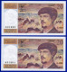 DEUX BILLETS PAIRE 20 FRANCS DEBUSSY NEUF TYPE 1980 ALPHABET G.024 N° 631804 ET 631805 DE 1989 - 20 F 1980-1997 ''Debussy''