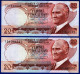 2 BILLETS MONNAIE NEUFS TÜRKIYE CUMHURIYET MERKEZ BANKASI 20 YIRMI TÜRK LIRASI N°l73 412736 ET L58 386557 - 14 OCAK 1970 - Turchia