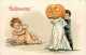 227133-Halloween, Leubrie & Elkus No 2214-1, Artist HB Griggs,Boy With Jack O Lantern & Ghost Costume Scaring Young Girl - Halloween