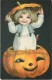 230259-Halloween, Wolf No 501-1, Ellen Clapsaddle, Boy Standing Inside A Jack O Lantern Using Its Lid For His Hat - Halloween
