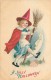 233403-Halloween, Wolf No 901-2, Ellen Clapsaddle, Witch In Red Cape & Hat Holding Broom, Crescent Moon Face Watching - Halloween