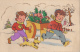 ILLUSTRATEUR ENFANTS TIRANT UNE CHARETTE REMPLIE DE JOUETS RELIEF PAR COLLAGE - 1900-1949