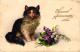 FANTAISIE"HEUREUX ANIVERSAIRE " CHAT,VIOLETTES ET MUGUET   REF 41633 - Chats