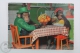 Nice Topic Postcard - Monkey Couple/ Family - Sitting At Tablle - Green Suit And Hat - Printed In Switzerland - Monkeys