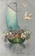 237057-Birthday Greetings, Sailboat Wth Pansies & Lily Of The Valleys, White Doves, Embossed Litho - Birthday