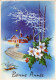 CARTE POSTALE  Circulée  NOUVEL AN  Bonne Année   Neige  Chalets Gui Arbres  Eglise - New Year