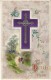 'The Lord Is Risen' Purple 'Silk' Cross, Old Sunday School Message On Back, C1910s/50s Vintage Embossed Postcard - Other & Unclassified