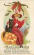 241497-Halloween, Stecher No 216 A, Witch Wearing Red Cloak & Hat Holding Candle With Arm Around Black Cat - Halloween