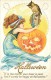 241507-Halloween, Stecher No 216 B, Woman Sitting With JOL On Her Lap Holding Mirror With Owl On Top - Halloween