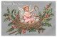 Happy New Year Angel Cherub In Nest Horseshoe Money Bags Silver Gilt Fantasy Postcard - New Year