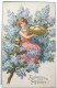 Cpa Litho Dorure RELIEF Illustrateur CLAPSADDLE ? PAQUES Enfant Fille Dans Arbre Lilas Panier Oeuf - Clapsaddle