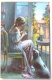 Cpa Litho Chromo Illustrateur ENJOLRAS Femme Café Devant Fenetre Chien Le Confident Vertraute Voyage 1919 Timbre - Engelhard, P.O. (P.O.E.)