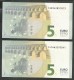 Lot 2 Pieces   5  EURO GEM UNC! Draghi Signature!!  "Y"   Printer  Y001 & Y002 !! - 5 Euro