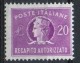 PIA - ITA - Specializzazione : 1956 : Francobollo Per Recapito Autorizzato £ 20 - (SAS 12/II  - CAR 7 ) - Eilpost/Rohrpost