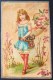 Cpa LITHO Chromo Illustrateur Precurseur Enfant Fille Robe Bleu Portant Gros Oeuf Et Fleur Eglantier Paillettes - Avant 1900