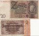 Reichsbanknote-20 Reichsmark+ Zwein Rentenmark. 2 Billets Vendus 5euros En L 'état. Photos Recto-verso - 20 Mark