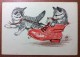 Vintage Russian Postcard 1964 Artist Signed  LAPTEV. Cat Kittens Ride In Red Shoe Like In A Car. - Katten