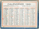 CALENDRIER CARTONNE 1961 IMPRIMEUR OLLER - Petit Format : 1961-70