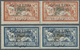 * Libanon: 1924, 10pi. On 2fr. Orange/blue And 25pi. Blue/ocre, Two Horiz. Pairs With Each Left Stamp Showing Widely Spa - Liban