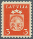 ** Lettland: 1940, Wappen 3 S Orangerot, Postfrisches Luxusstück Ohne Wasserzeichen, Selten! (Handbuch 1000 Punkt - Latvia