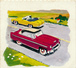 Image : Voiture De Tourisme Rouge, Voiture De Sport Jaune, Route, Borne, Carton Souple (5,5 Cm Sur 6 Cm) 2 Scans - Autres & Non Classés