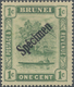 ** Brunei: 1911, 'Huts And Canoe' 1c. Green Single Plate With Diagonal 'Spécimen' Opt. From An Unknown - Brunei (1984-...)