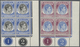 ** Singapur: 1948, KGVI Definitives Perf. 14 Complete Set Of 15 In Blocks Of Four From Lower Right Corn - Singapore (...-1959)