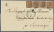 Br Dänemark: 1858, 4 S Brown Stripe Of Four Cancelled 4x "1" On Complete Folded Letter From KIOBENHAVN - Brieven En Documenten