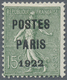 * Frankreich - Vorausentwertungen: 1922, 15 C. Green With Overprint "POSTES / PARIS / 1922" Unused In - Andere & Zonder Classificatie