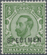 ** Großbritannien: 1912, ½d. Green, Wm Simple Cipher, Die 1B, With "Specimen" Overprint, Unmounted Mint - Autres & Non Classés