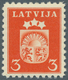 ** Lettland: 1940, Wappen 3 S Orangerot, Postfrisches Luxusstück Ohne Wasserzeichen, Selten! (Handbuch - Lettonie