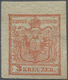 ** Österreich: 1850, 3 Kr. Ziegelrot, Handpapier Type Ia I, Kurzes Linkes Oberes Eckrandstück 3:4,5 Mm - Ongebruikt