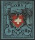 SCHWEIZ BUNDESPOST 7IIDDII O, 1850, 5 Rp. Schwarz/zinnoberrot Auf Blau, Ohne Kreuzeinfassung, Doppelter Rotdruck Des Wap - 1843-1852 Timbres Cantonaux Et  Fédéraux