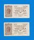 Lotto Di N. 2 Biglietti Di Stato Da 1 Lira  Cad. -  ITALIA  LAUREATA -  D.M. 23.11.1944 -  Numero Di Serie Consecutiva. - Italia – 1 Lira