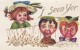 Heart Faces Couple Romance, 'I Seen Yer' Boy With Two Girls, Unsigned Artist Image, C1900s/10s Vintage Postcard - Koppels