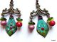 Delcampe - Boucles D'oreilles Turquoise Rouge Cerise Vert émaux Sur Cuivre Quartz Titane Verre Chandelier  Un Merveilleux Travail A - Earrings