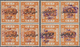 09164 Jordanien: 1922, 5 M. Orange Two Blocks Of Four Showing Overprints In Red And Violet, Both Mint Hing - Jordanie