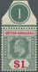 11795 Britisch-Honduras: 1907, KEVII Definitive $1 Grey-green/carmine From Upper Margin With PLATE NUMBER - Britisch-Honduras (...-1970)