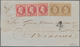 11880 Cuba: 1870, FRENCH P.O., 30c. Brown Horiz. Pair And 80c. Carmine Strip Of Three, 3fr. Rate On Letter - Autres & Non Classés