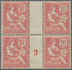 13688A Frankreich: 1903, 10c. Red "Mouchon", Gutter Block Of Four, Lower Pair With Millesime "3", This Pair - Gebraucht