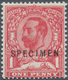 14175 Großbritannien: 1911, 1d. Carmine-red, Wm Crown, Die 1A, With "Specimen" Overprint, Unmounted Mint. - Autres & Non Classés