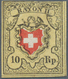 16057 Schweiz: 1850 Rayon II 10 Rp. Schwarz/rot/gelb, Type 5 Vom Stein E-LO Mit 'Plattenfehler' "Obere Ran - Ungebraucht