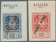 16260 Spanien: 1936, Philatelic Exhibition Airmails, 10c. Red And 15c. Blue, Top Marginal Copies With Shee - Usati