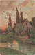 Künstlerkarte AK Unbekannter Künstler Sonnenuntergang Abendrot Haus Am Fluß Kanal Kunst Art Malerei - 1900-1949