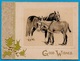 Image Gaufrée "GOOD WISHES" Représentant Un Cheval, Un Âne Et Une Branche De Houx * Embossed Voeux - Autres & Non Classés