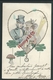 Bonne Année. Couple Dans Un Coeur Doré. Champagne, Porte-bonheur, Champignon, Minuit. Aquarelle Anonyme. 2 Scans. - 1900-1949