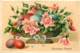 Belle Carte Gaufrée - Paques Corbeille D'oeufs Et Roses - Easter