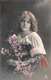 PRETTY YOUNG GIRL-PEASANT STYLE DRESS-CURLY HAIR-HOLDING FLOWERS-REAL PHOTO POSTCARD 39080 - Autres & Non Classés