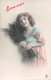 YOUNG GIRL-CURLY HAIR-BLUE & ORANGE DRESS-HOLDING FIR BOUGH-PHOTO BONNE ANNEE POSTCARD 39237 - Autres & Non Classés